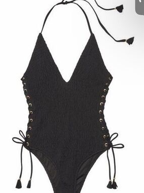 Vintage Victoria's Secret Smocked Black One-Piece Swimsuit with Side Lace-Up